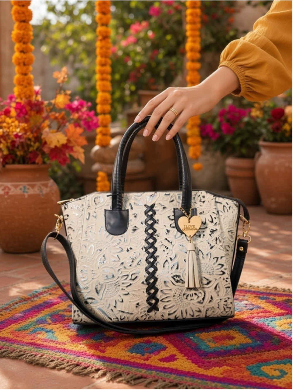 White Black & Silver Sunflower Tooled Leather Tote Mexican Artisan Bag Purse